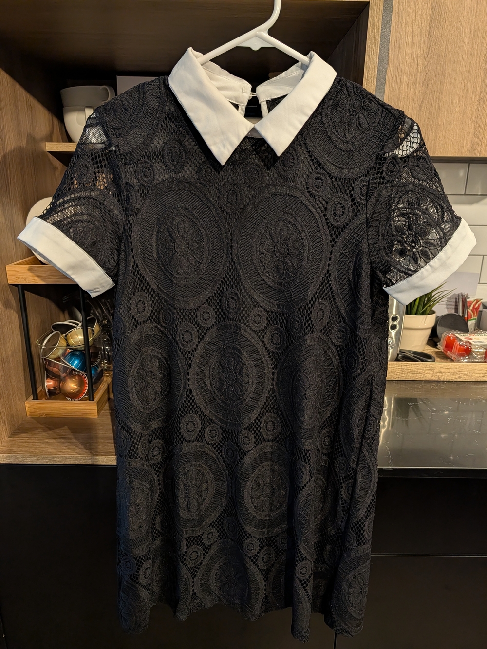 Classic Black Lace Collar Dress with White Trim